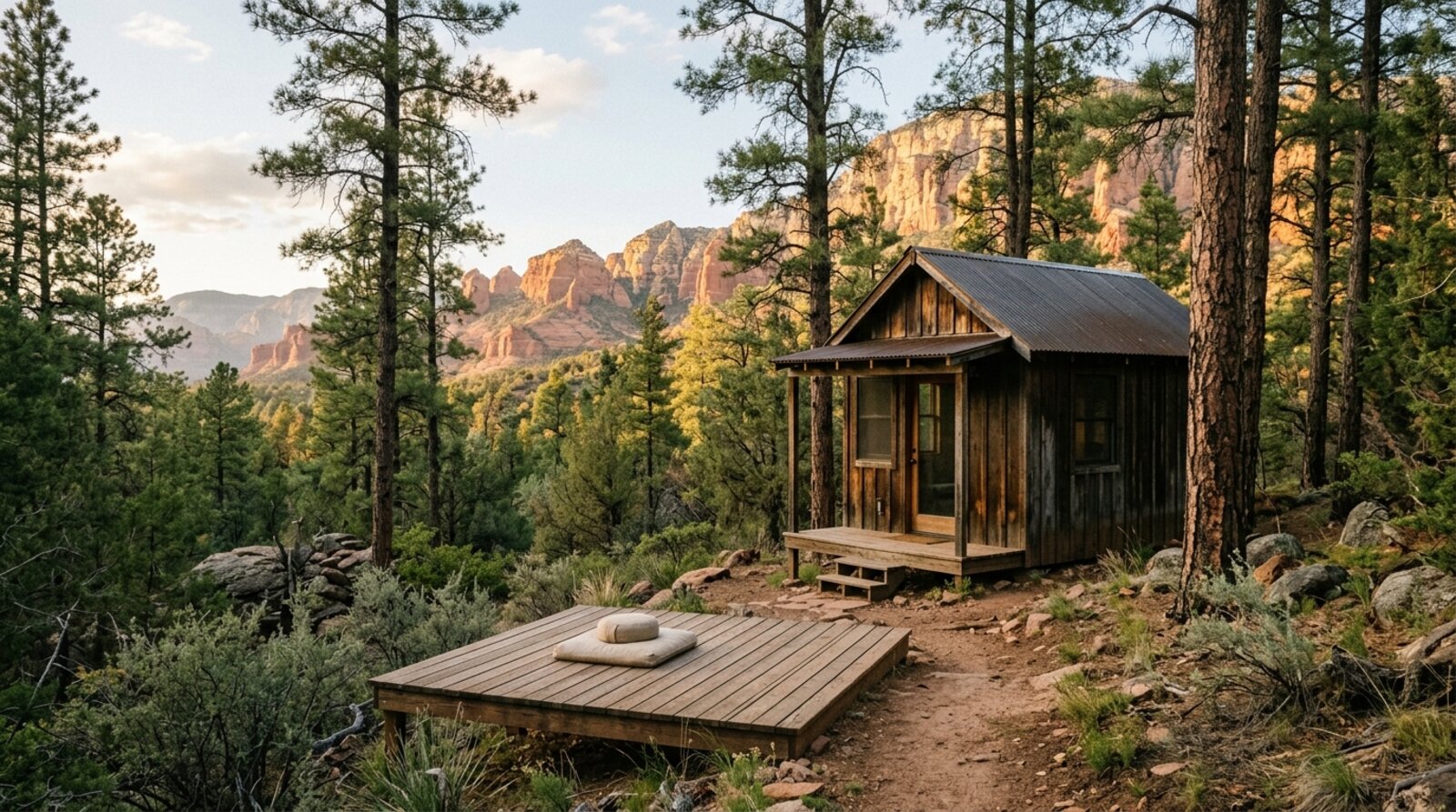 A simple wooden retreat cabin with a meditation deck overlooking pine forest and distant red rock cliffs near Sedona at golden hour