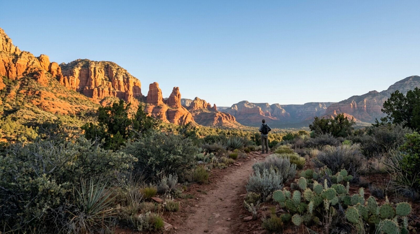 Sedona red rock formations glowing at sunrise with a quiet hiking trail and a lone hiker pausing for reflection in the foreground
