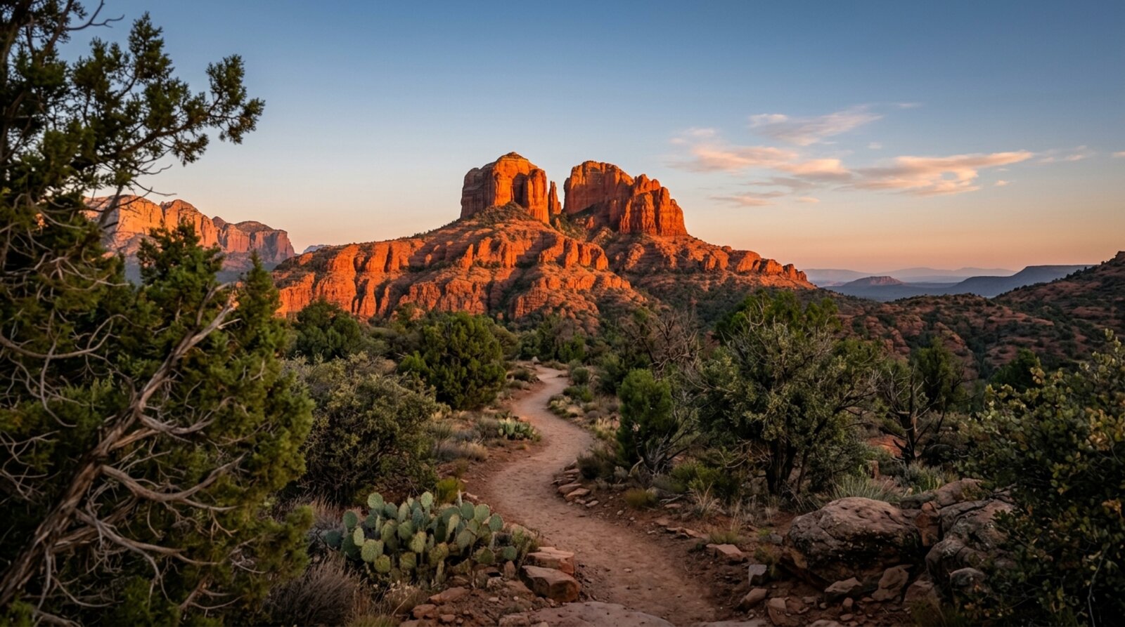 Sedona's red rock formations glowing at sunrise above a quiet desert trail, the setting for a vortex and spiritual retreat