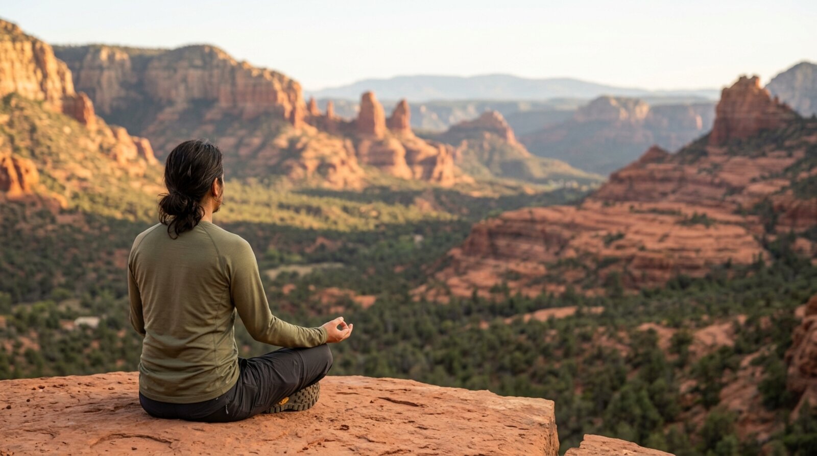 A retreat guest meditating on a red rock ledge overlooking a Sedona vortex site in warm afternoon light