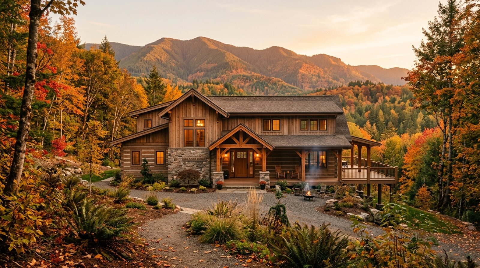 A calm US wellness retreat lodge at golden hour in autumn, surrounded by trees turning red and gold, with mountains behind