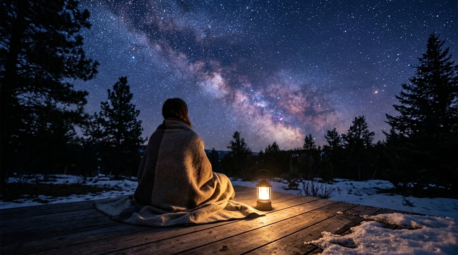 A person wrapped in a blanket stargazing from a wooden deck at a dark-sky retreat in winter, the Milky Way bright overhead