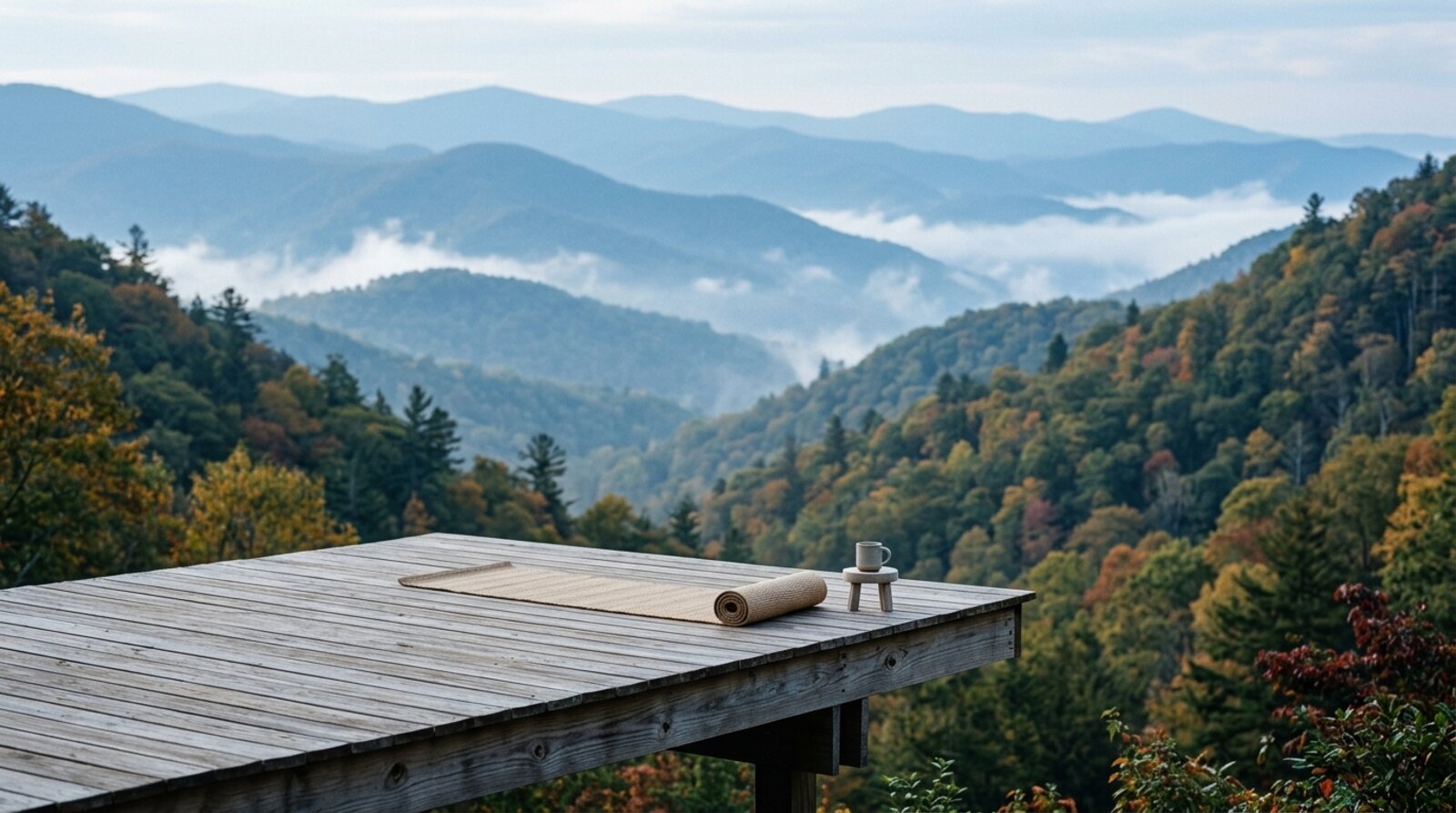 Misty Blue Ridge Mountain ridgelines at dawn near Asheville with a quiet wooden wellness deck overlooking the valley