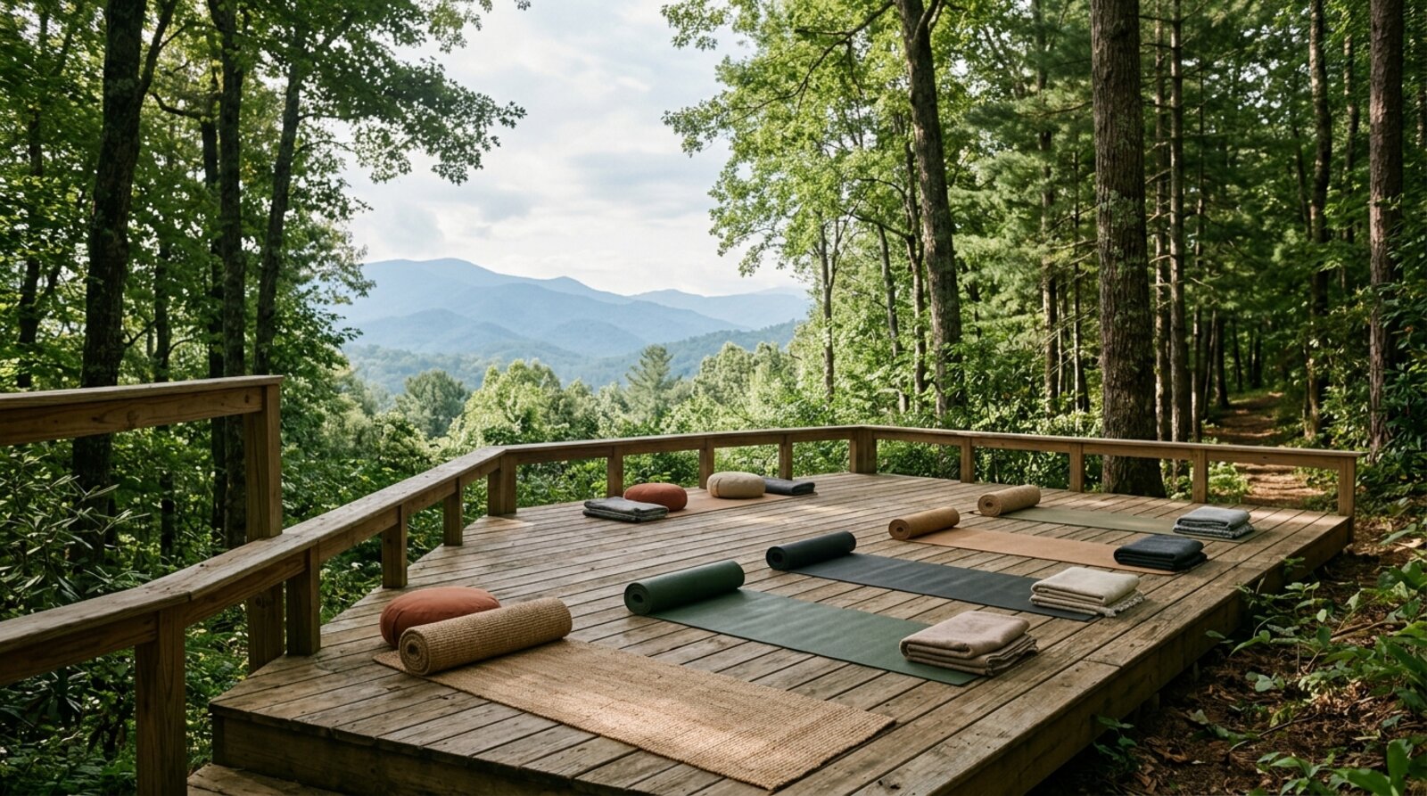 A quiet forest yoga deck with mats and cushions in the North Carolina mountains near Asheville