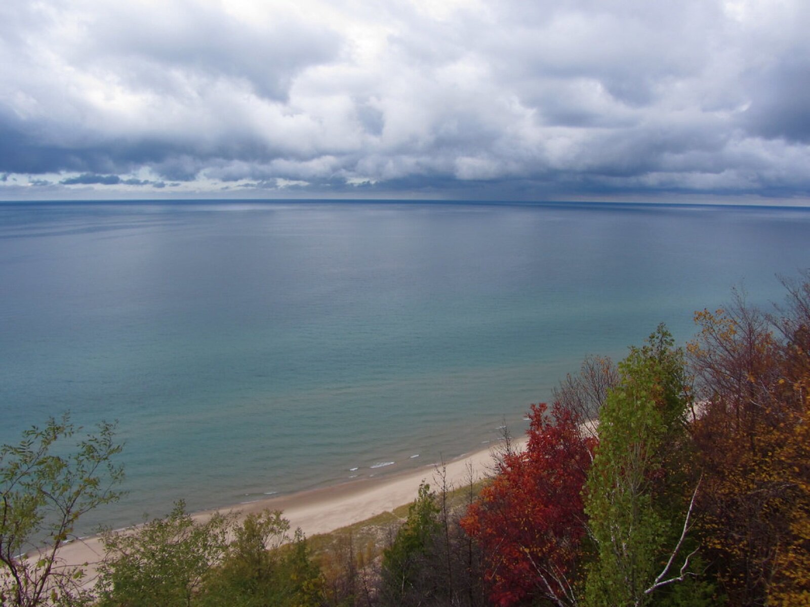Lake Michigan shoreline seen from a scenic overlook at Arcadia in fall