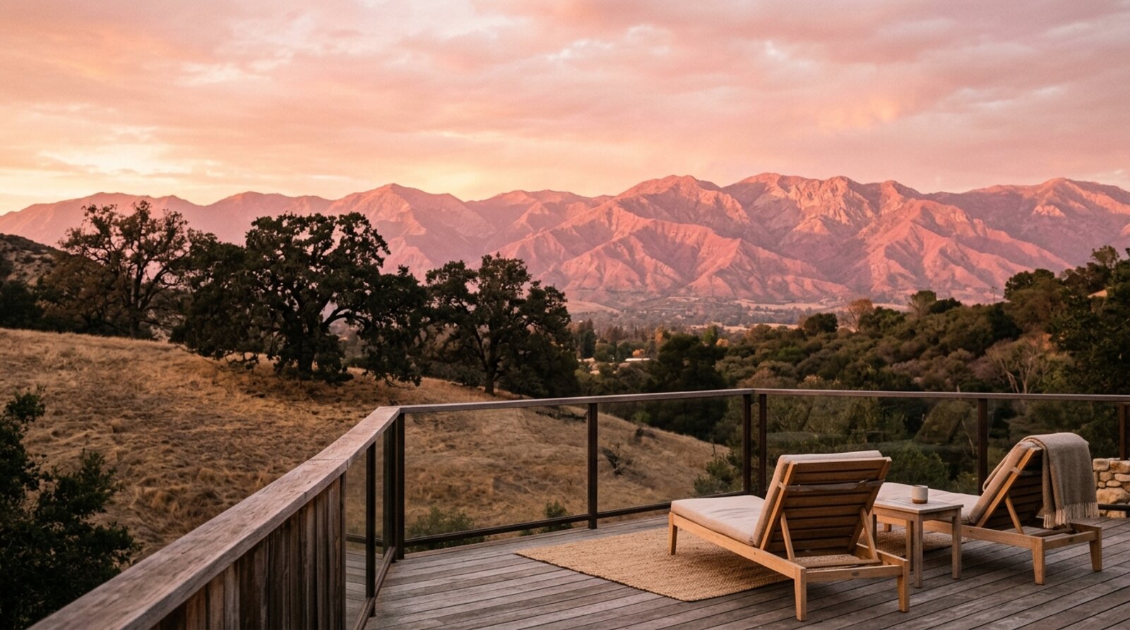 The Topatopa Mountains above the Ojai Valley glowing rose at sunset during the Pink Moment, with oak trees and a quiet wellness terrace in the foreground