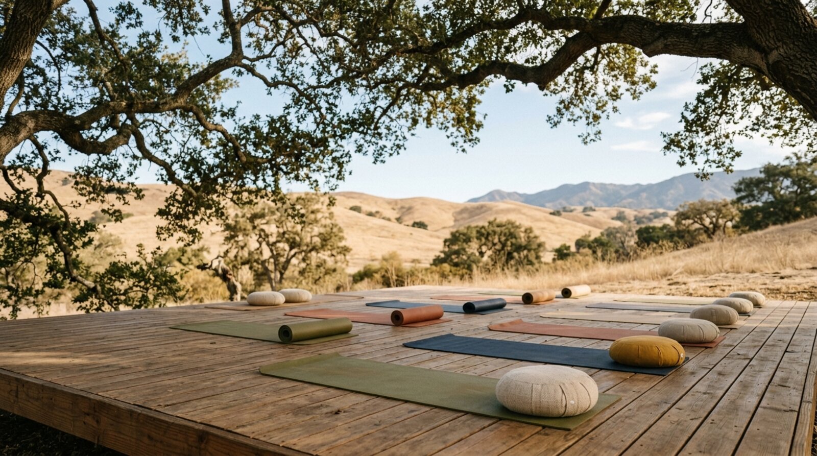 A peaceful outdoor yoga deck shaded by oak trees in the Ojai Valley with mats and cushions and hills in the background