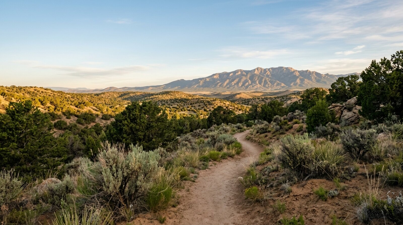 High-desert hills and the Sangre de Cristo mountains near Santa Fe glowing at sunrise above a quiet trail, the setting for a wellness retreat
