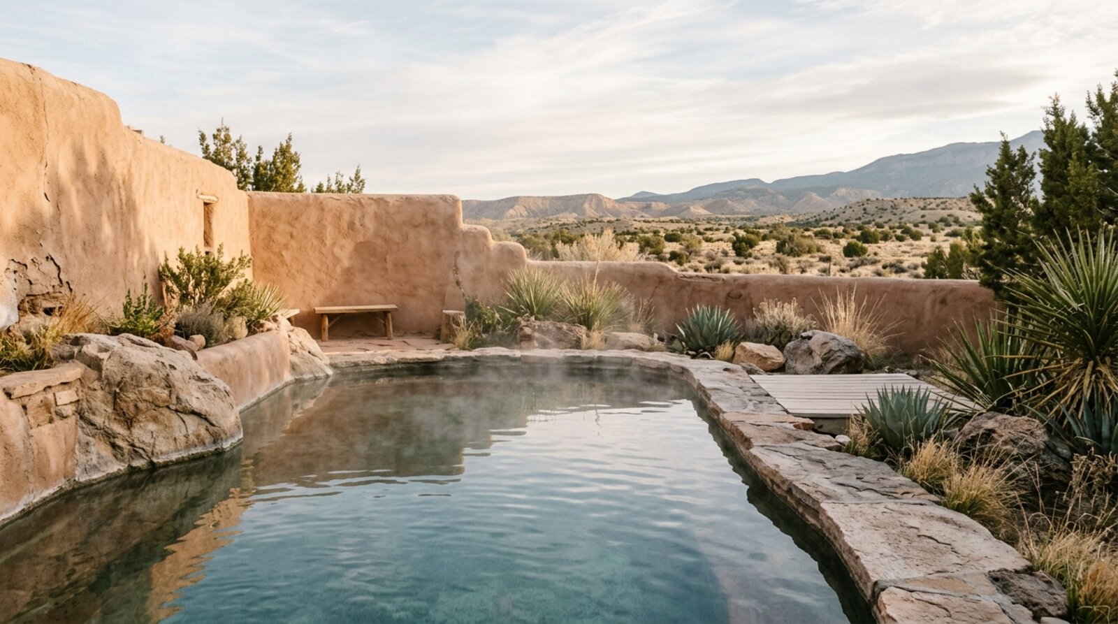 A steaming outdoor spring-fed soaking pool surrounded by adobe walls and desert plants at a Santa Fe-area spa resort