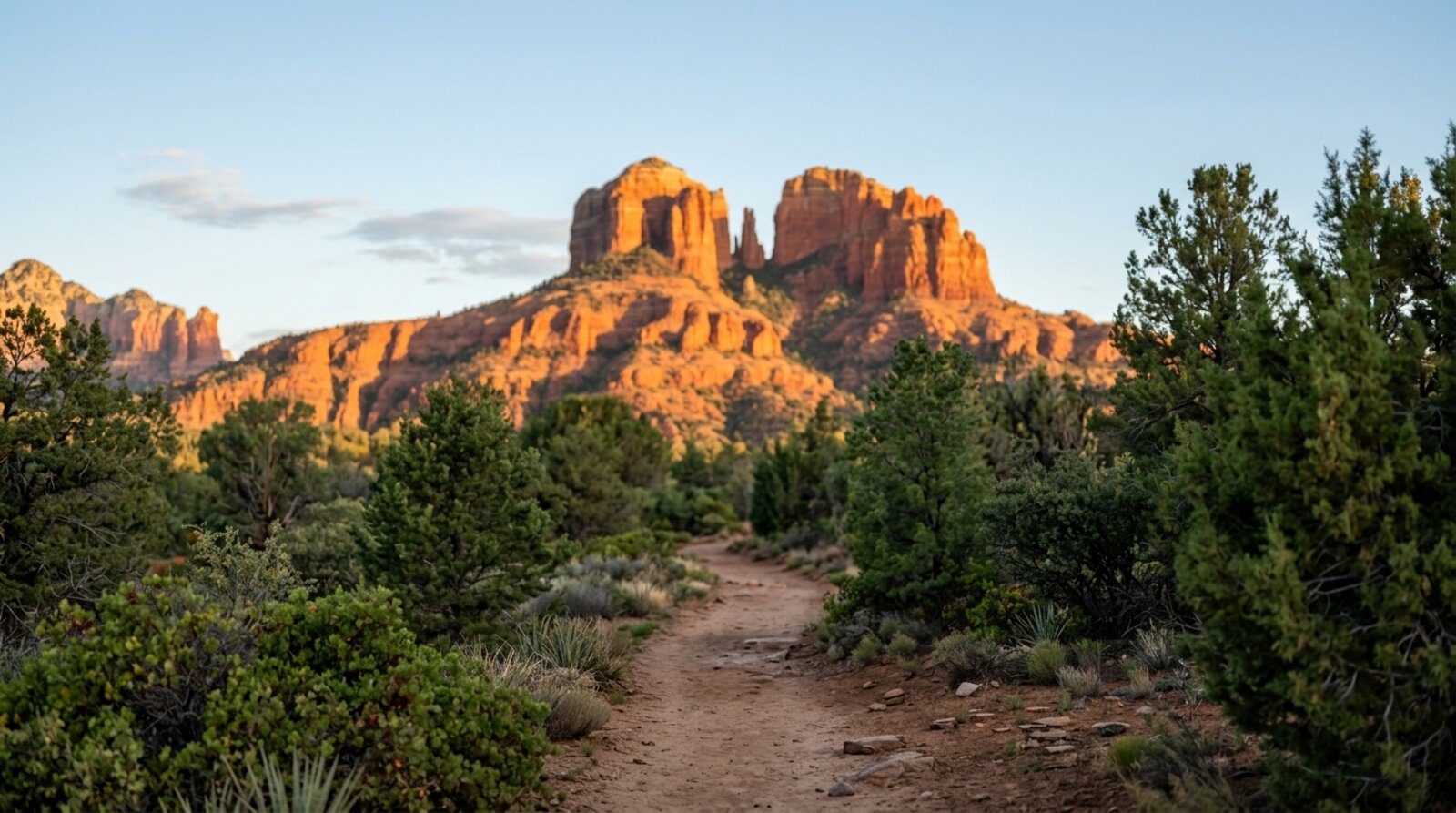 Sedona red rock formations glowing at sunrise with a quiet desert trail in the foreground, the classic setting for a wellness retreat