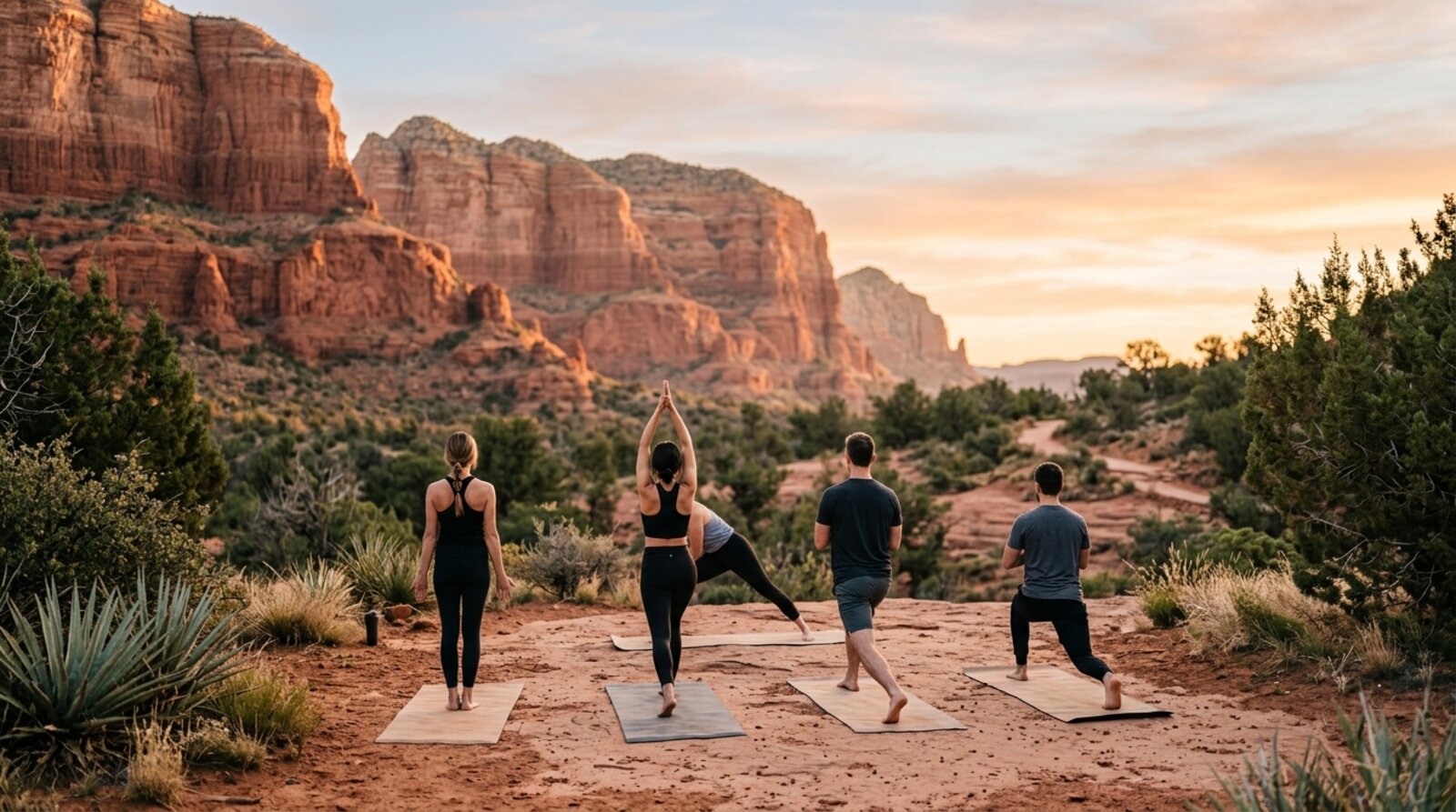 A small group practising outdoor yoga on mats at sunrise with Sedona red rock cliffs and desert vegetation in the background