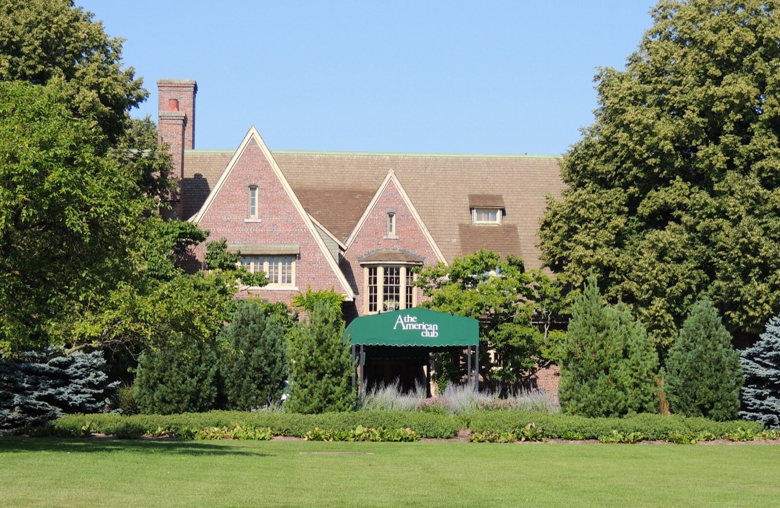 The brick and timber front of The American Club hotel in Kohler, Wisconsin
