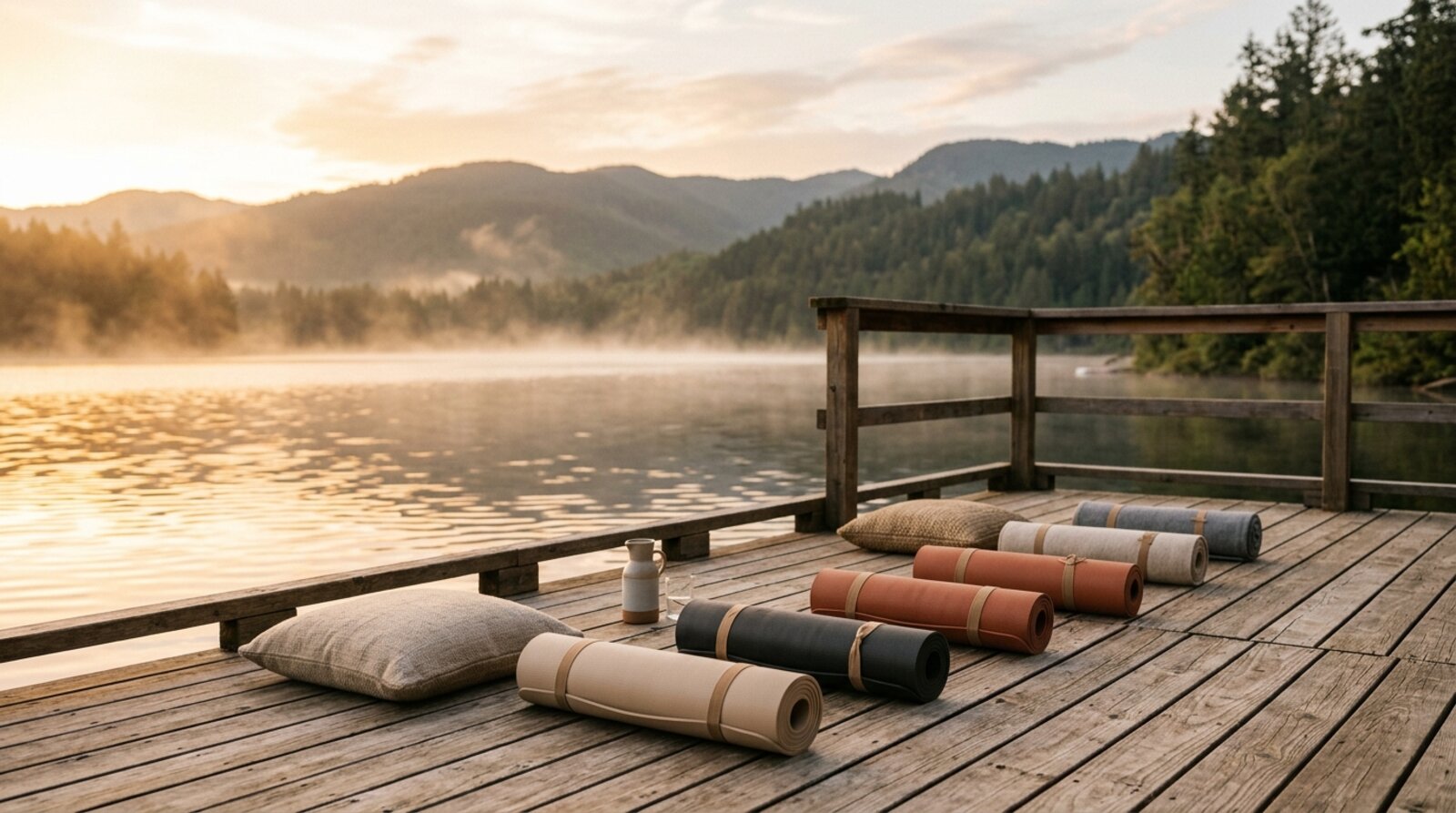 Quiet wooden yoga deck overlooking a calm lake at a US wellness retreat at sunrise