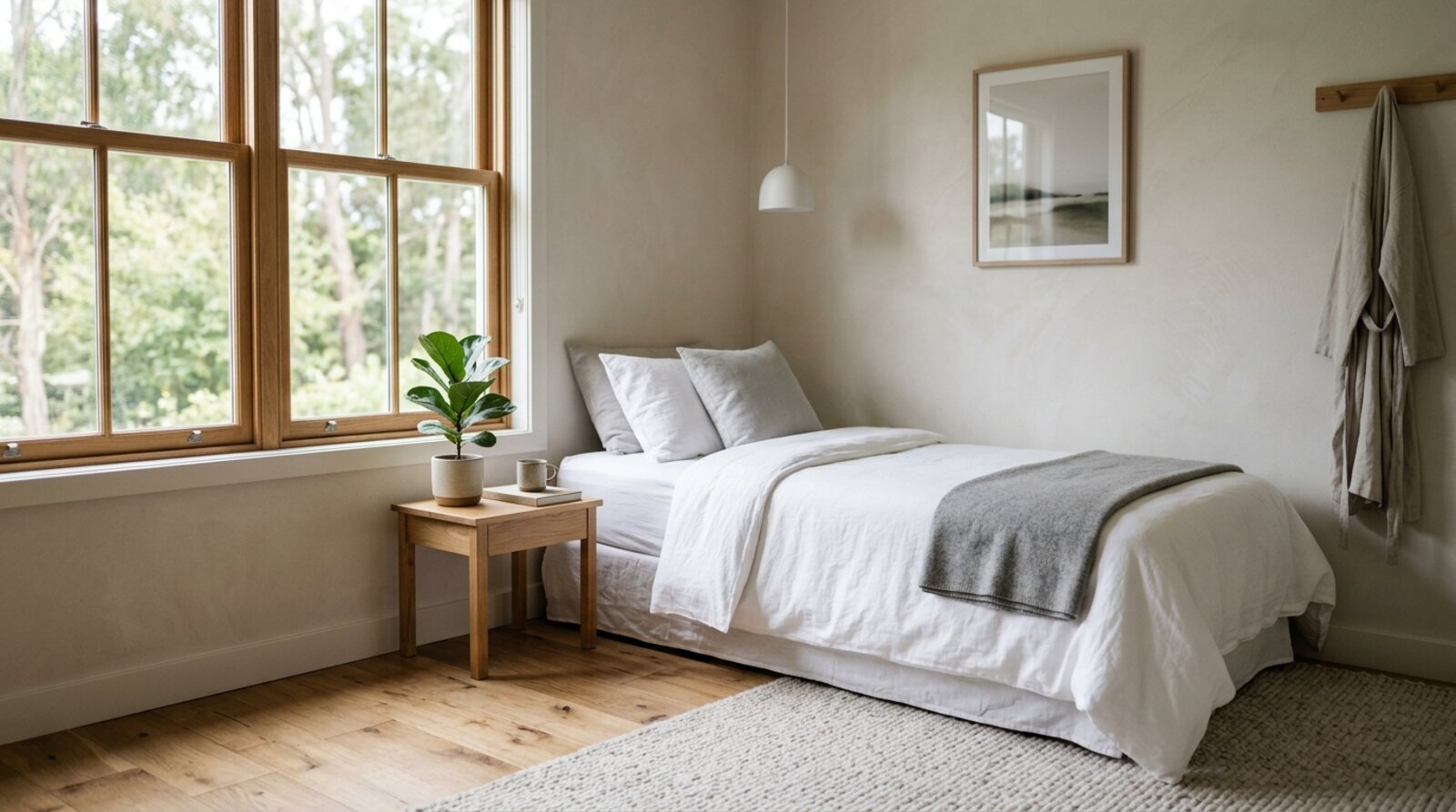 Simple private single room at a retreat centre showing the kind of lodging tier that affects price