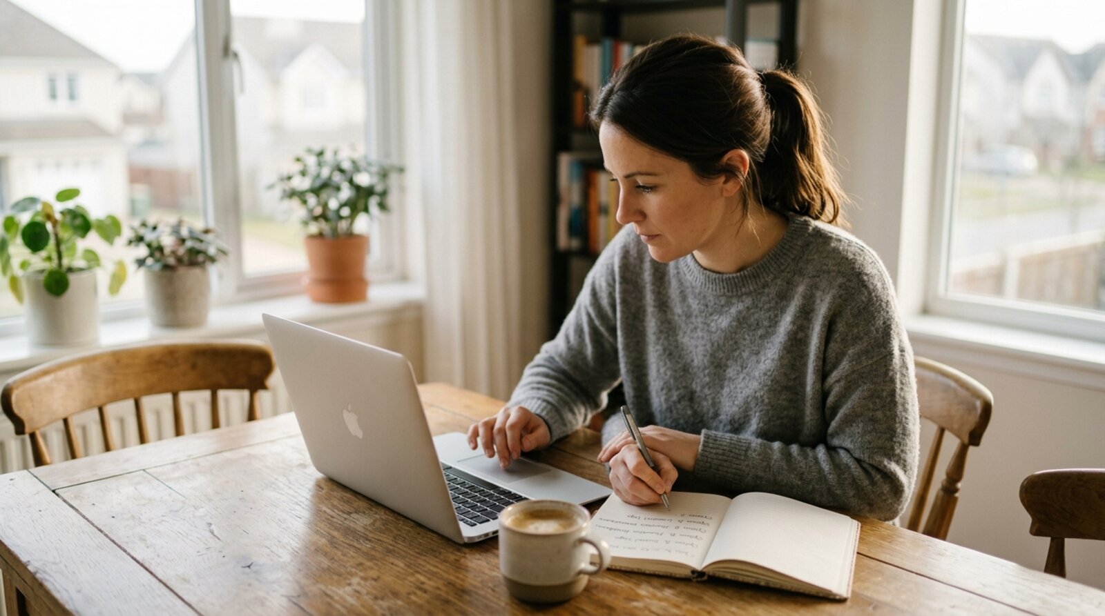 A first-time retreat seeker comparing wellness retreat options on a laptop at a sunlit table, with a notebook and coffee, planning a booking