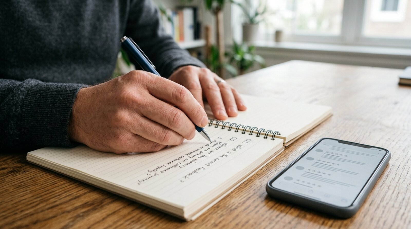 Close-up of a person writing a short list of vetting questions in a notebook beside a phone showing retreat reviews