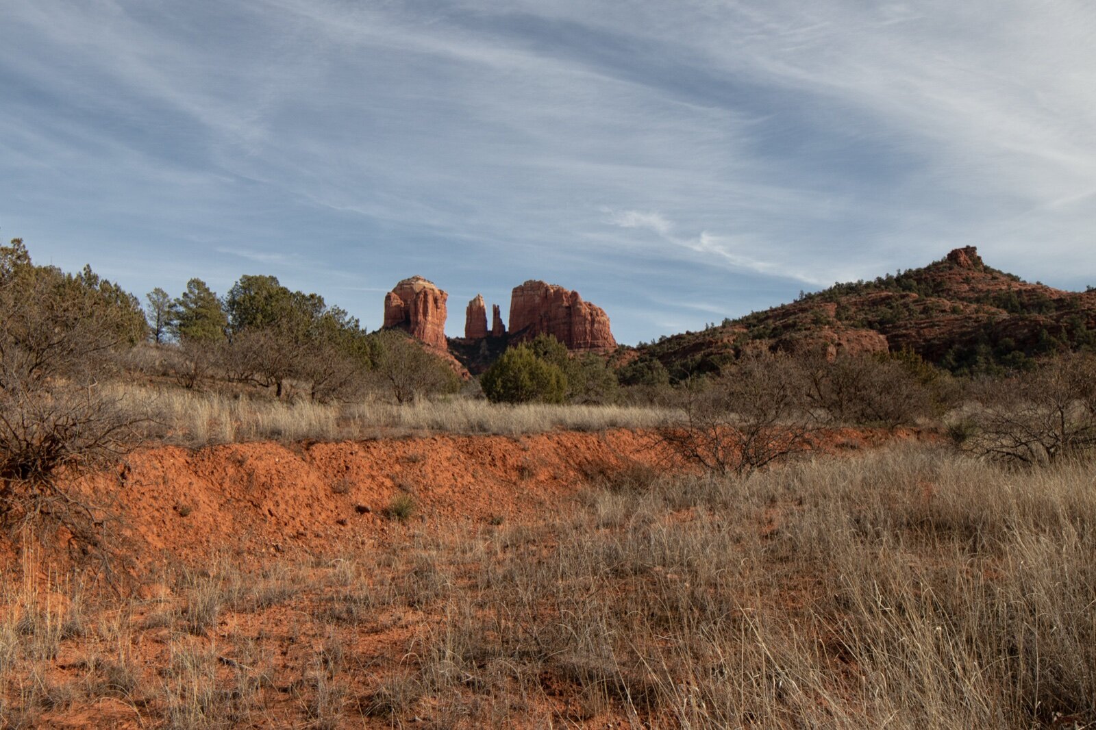 Cathedral Rock rising above red earth and juniper scrub near Sedona, Arizona