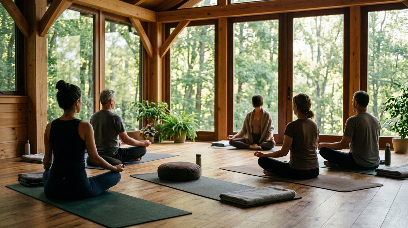 A small group sitting on yoga mats in a calm sunlit studio at a US wellness retreat, with large windows looking onto trees