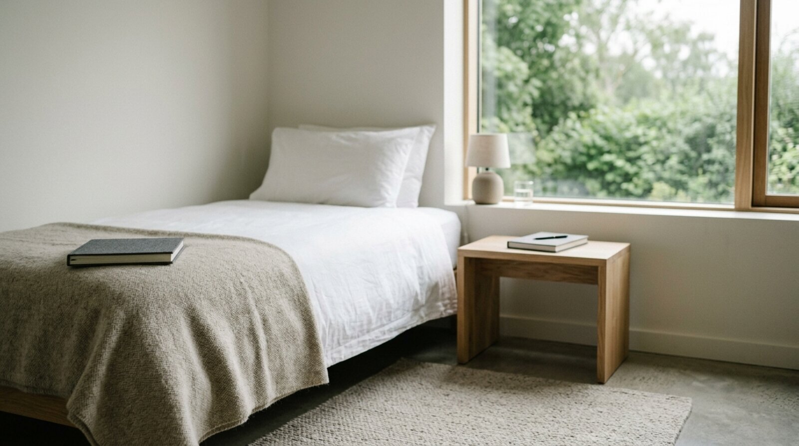 A simple tidy private room at a retreat centre with a single bed, folded blanket, journal and a window looking onto greenery
