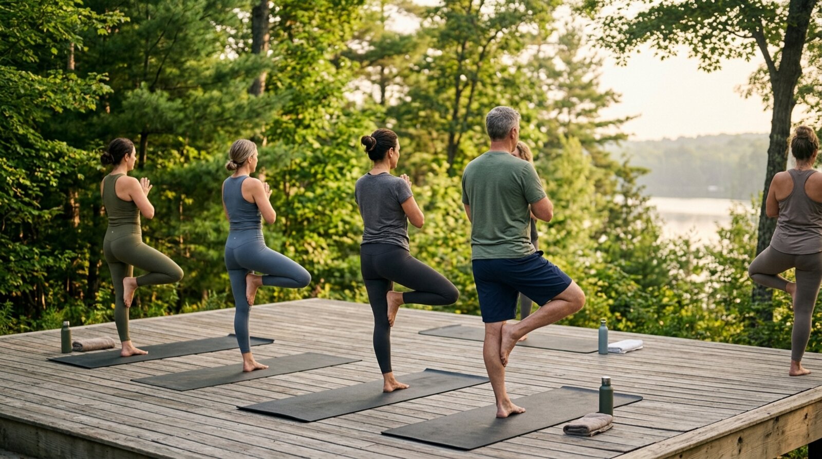 A small group practising yoga on an outdoor wooden deck at a US wellness retreat in the morning