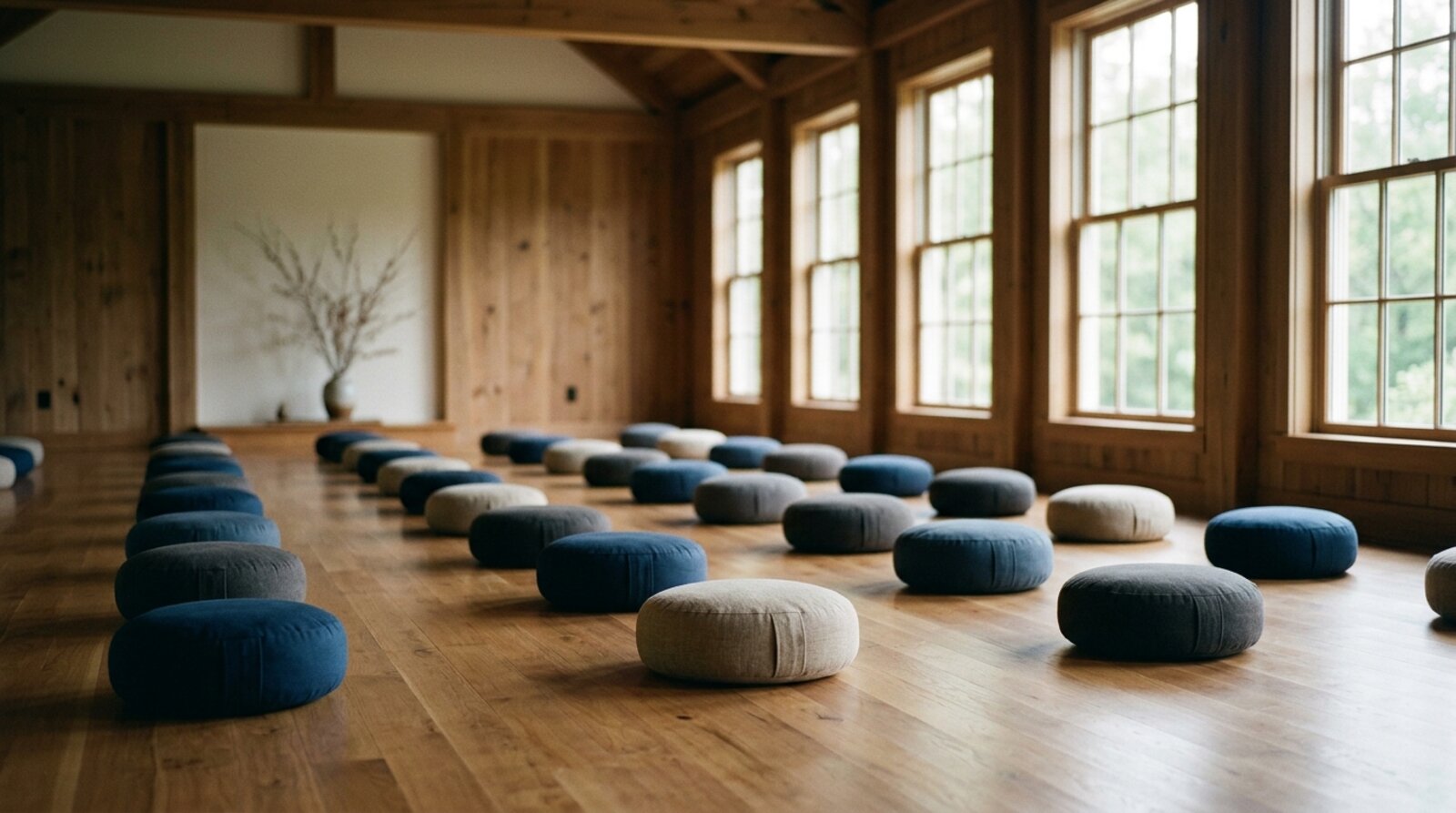 A meditation hall with cushions arranged in rows for a silent retreat at a US meditation centre